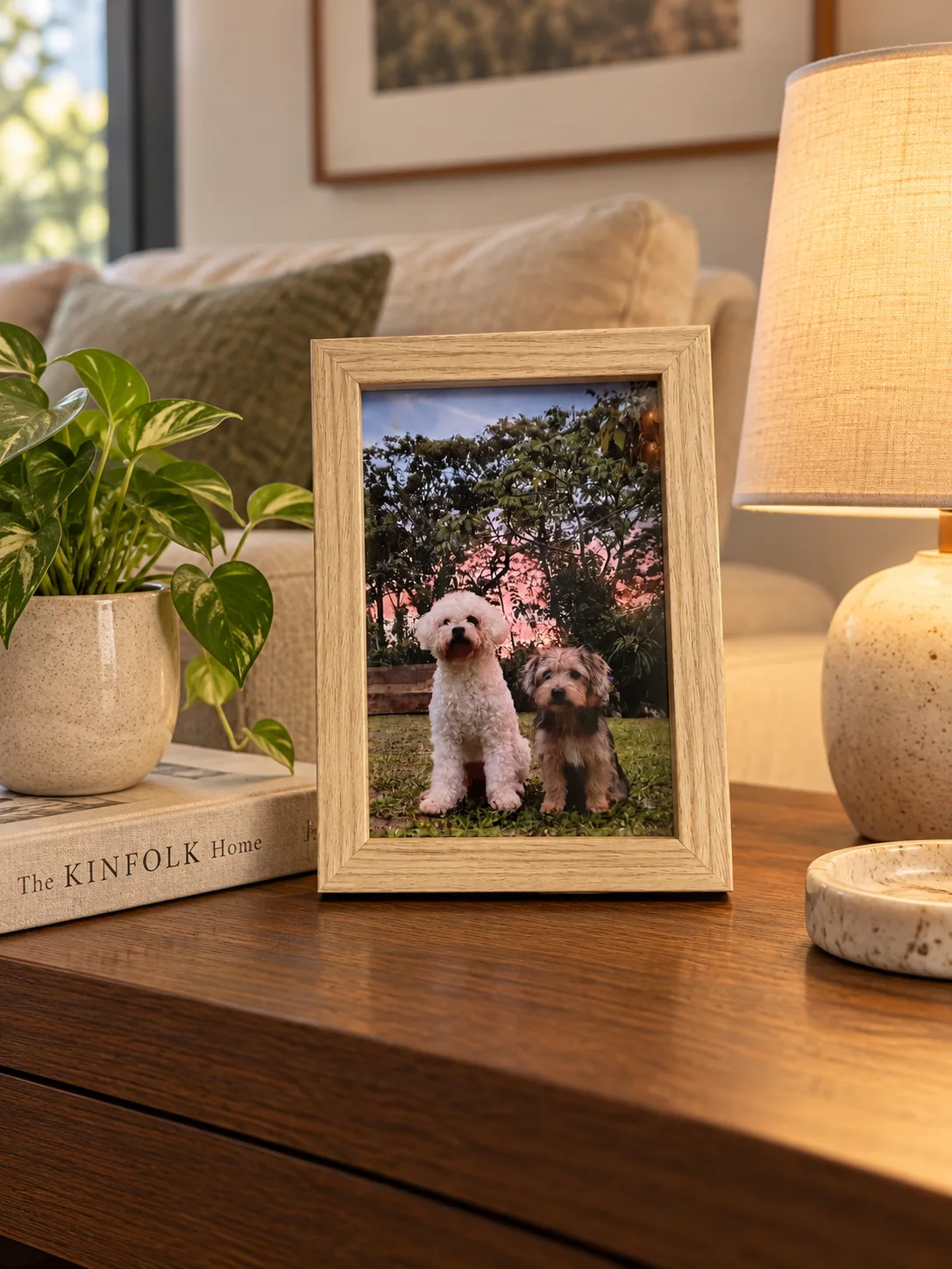 Fotografía de mascotas enmarcada en una habitación